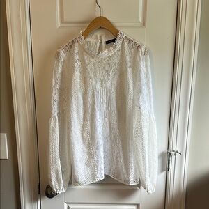 White Ruffled Blouse with Bishop Sleeves and Mandarin Collar